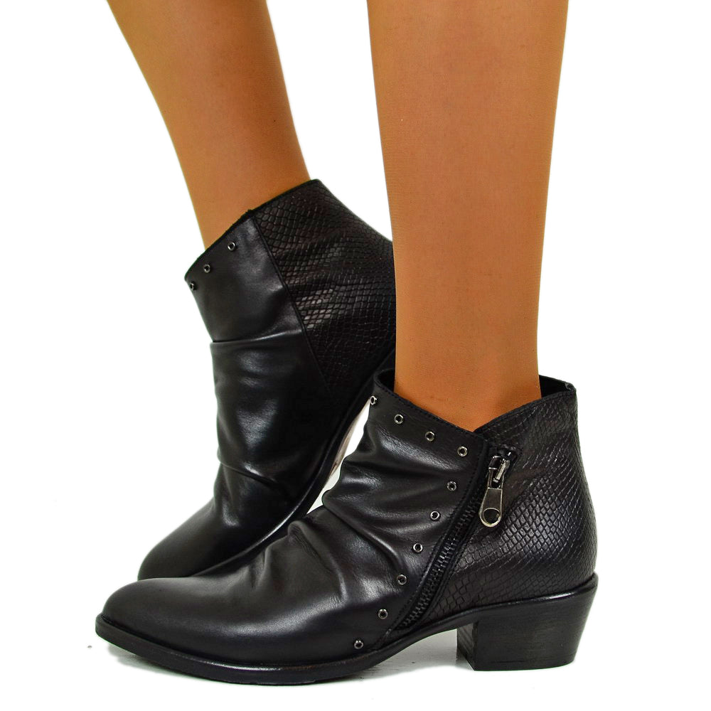 Stivaletti Donna in Pelle Neri Effetto Pitone Made in Italy