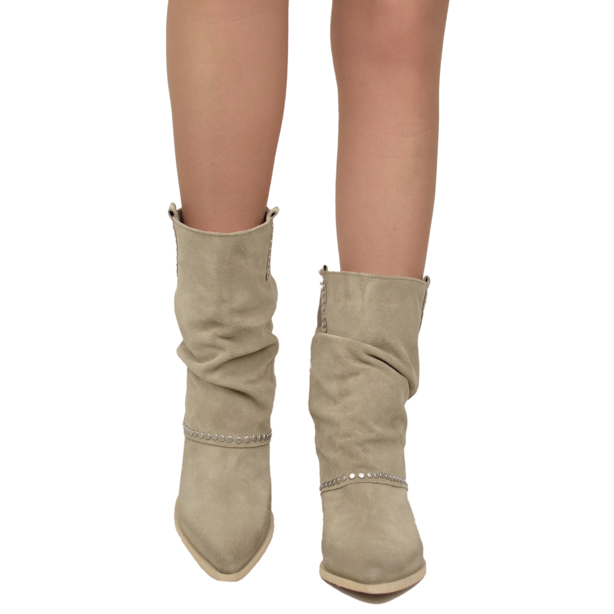 Stivaletti Texani Donna in Pelle Scamosciata Beige con Borchie