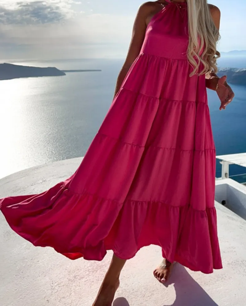 Vestito da spiaggia lungo chic a pieghe di nuova moda da donna Vestito da orlo senza maniche con scollo allamericana in tinta u