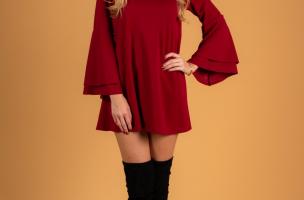 Vestito mini con maniche a campana Rania, bordeaux