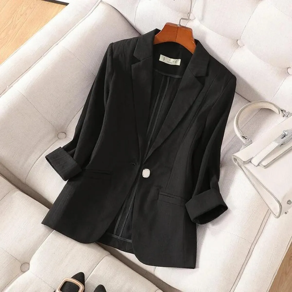 Xfpv Giacca da Cappotto Temperamento con Maniche a Tre Quarti Nera con Bottone Singolo da Donna Moda Nuova Marea Primavera Autun