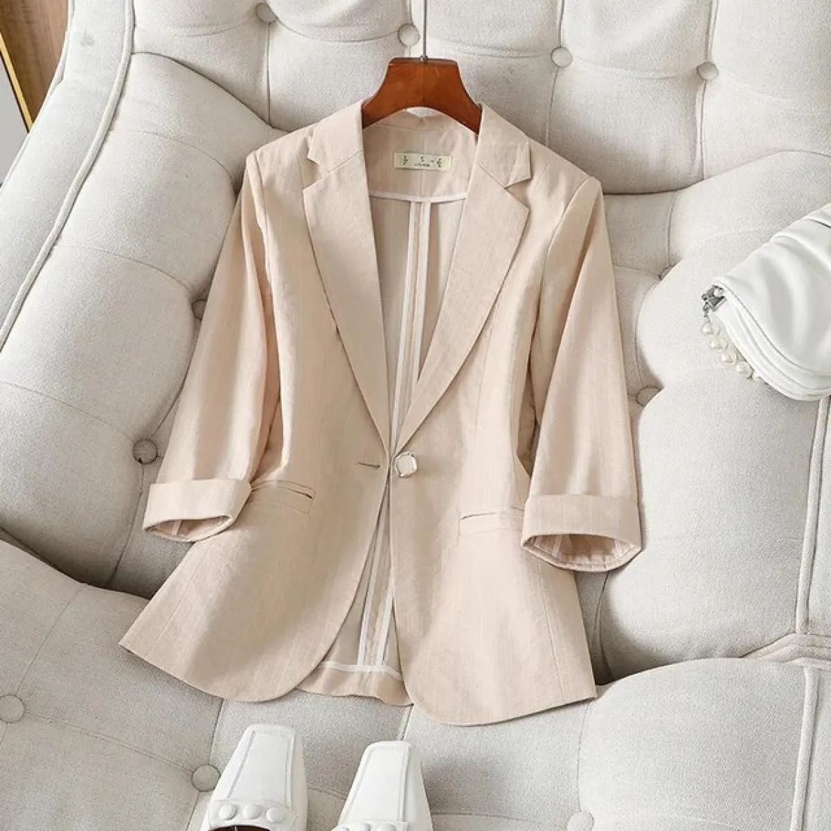 Xfpv Giacca da Cappotto Temperamento con Maniche a Tre Quarti Nera con Bottone Singolo da Donna Moda Nuova Marea Primavera Autun